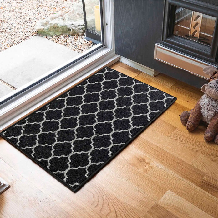 Serdim Rugs gel back trellis black Black Living Room Geometric Rug.