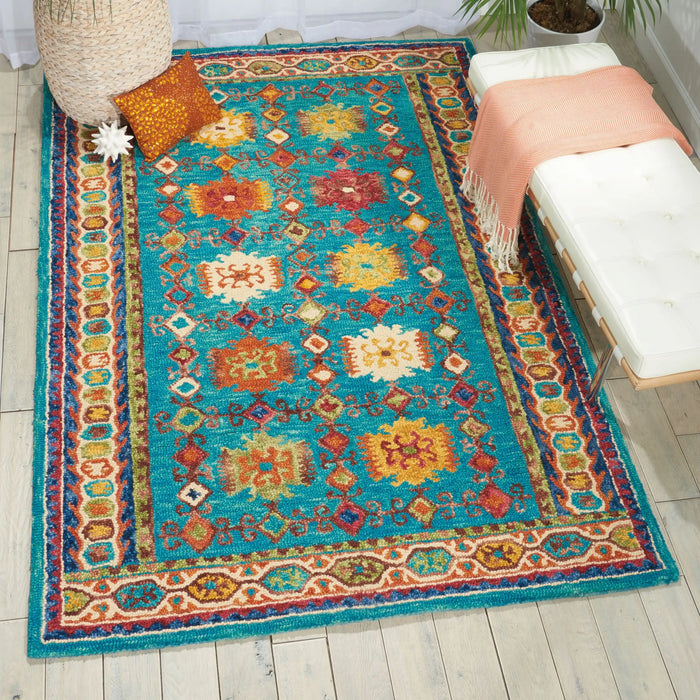 Nourison vibrant vib09 teal Green, Multicoloured, Teal Living Room Geometric Rug.