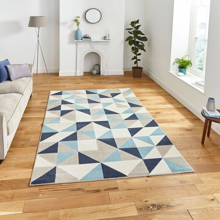 Think Rugs vancouver 18214 beige blue Blue, Beige Living Room Geometric Rug.