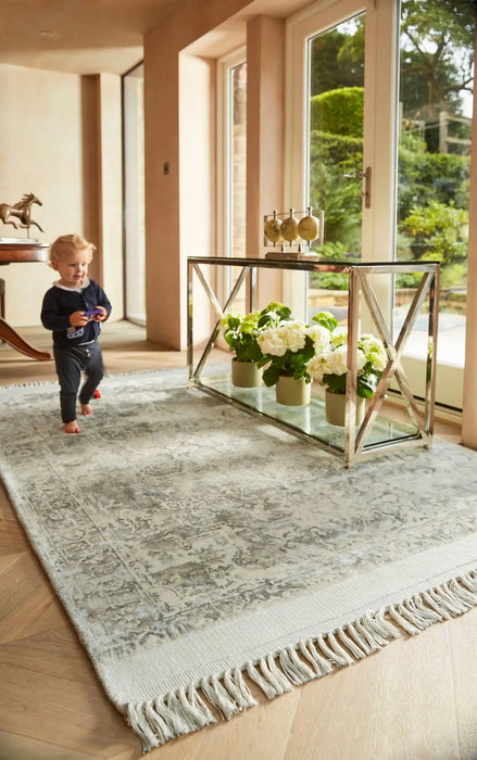 Rug Guru vintage fringe mocha oyster Grey, Ivory Living Room Rug.