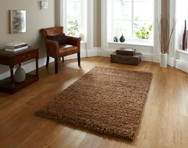 Think Rugs vista plain 2236 beige Brown, Beige Living Room Shaggy Rug.