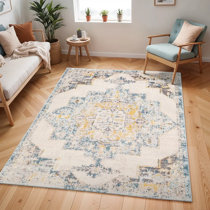 AGRA Vintage Traditional Oriental Boho Sky Blue Rug