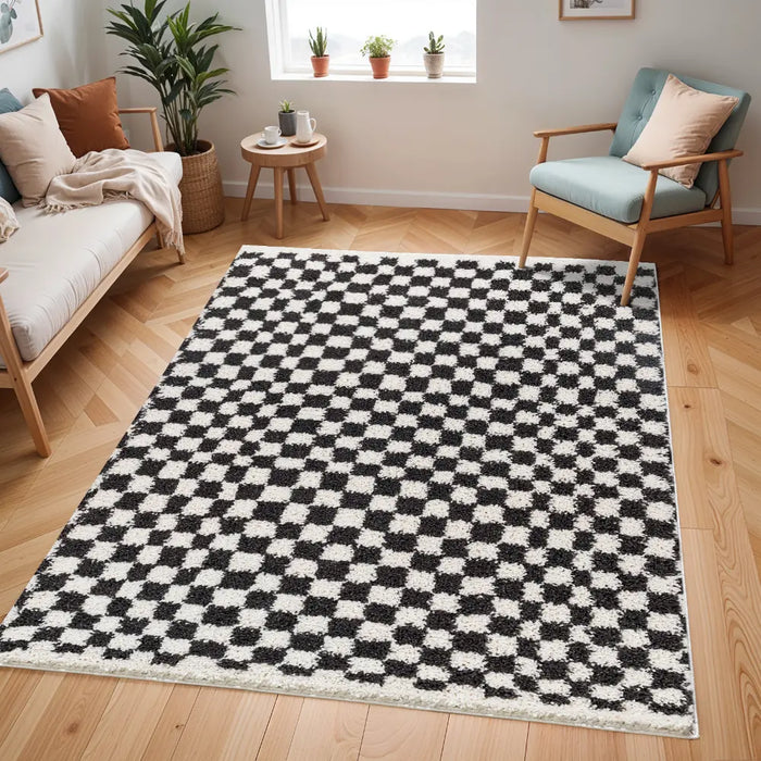 KITTU Shaggy Modern Plush Pile Dark Grey Checkered Rug