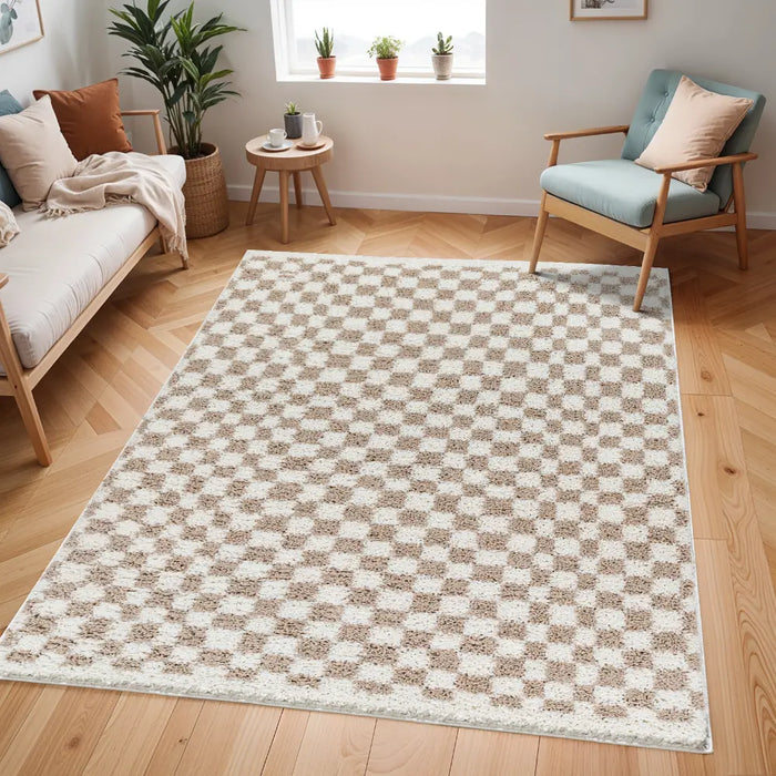 KITTU Shaggy Modern Plush Pile Light Brown Checkered Rug