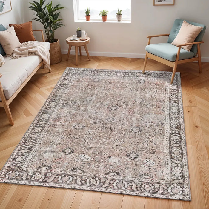 PEYTON Machine Washable Traditionnal Boho Brown Rug