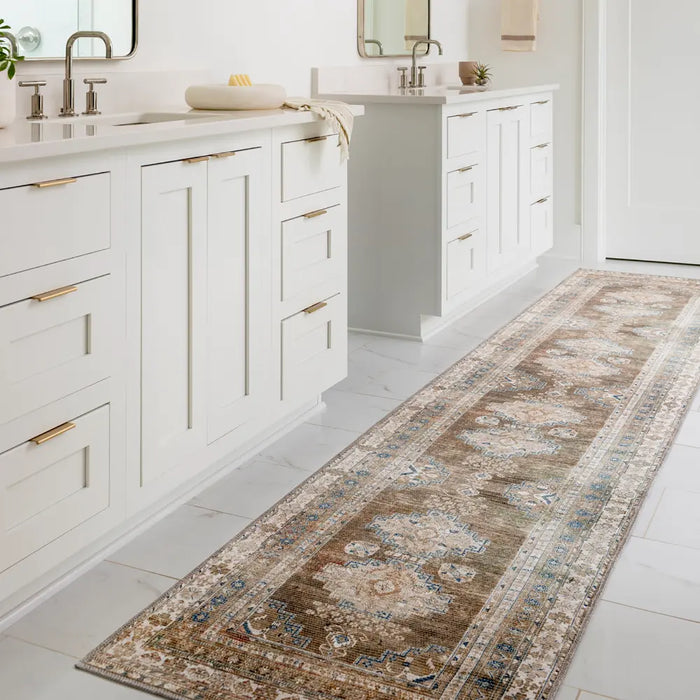 ATHENA Machine Washable Traditionnal Boho Brown Rug