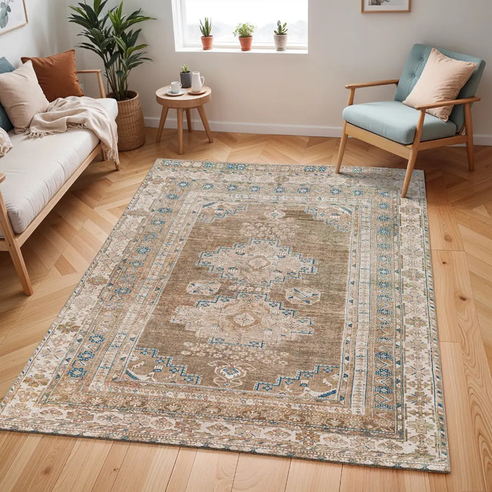 ATHENA Machine Washable Traditionnal Boho Brown Rug