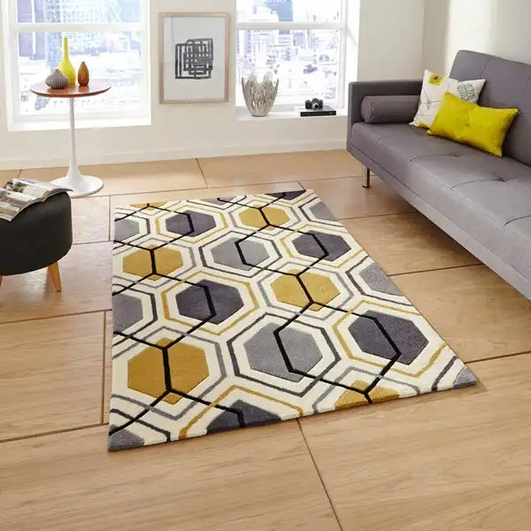 Think Rugs hk 7526 grey yellow Grey, Multicoloured Rug.