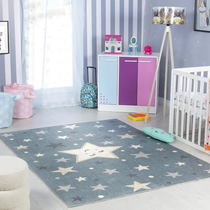 SUPERMAMA Kids Machine Washable Blue/Beige Bedroom Rug Multicolour