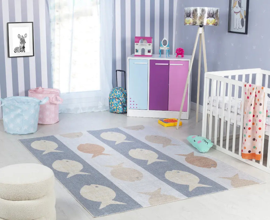 AQUAFIESTA Kids Machine Washable Beige/Grey/Orange Bedroom Rug Multicolour