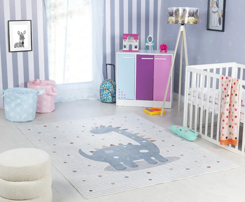 DINO Kids Machine Washable Beige/Grey Bedroom Rug Beige