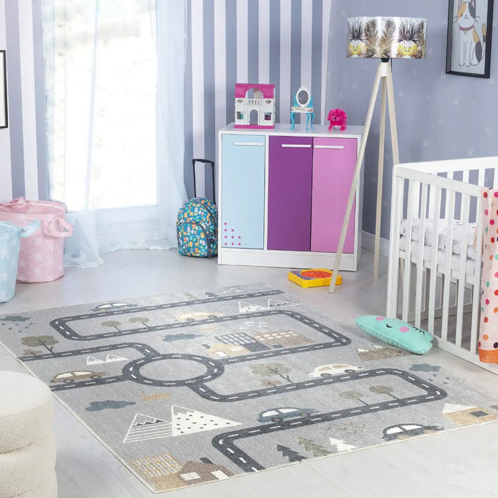 VROOMVILLE Kids Machine Washable Blue/Grey Bedroom Rug Grey
