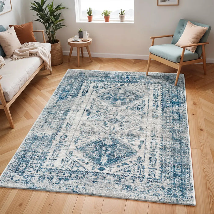 NEELAM Vintage Traditional Oriental Boho Sky Blue/Light Gray/White/Navy Rug