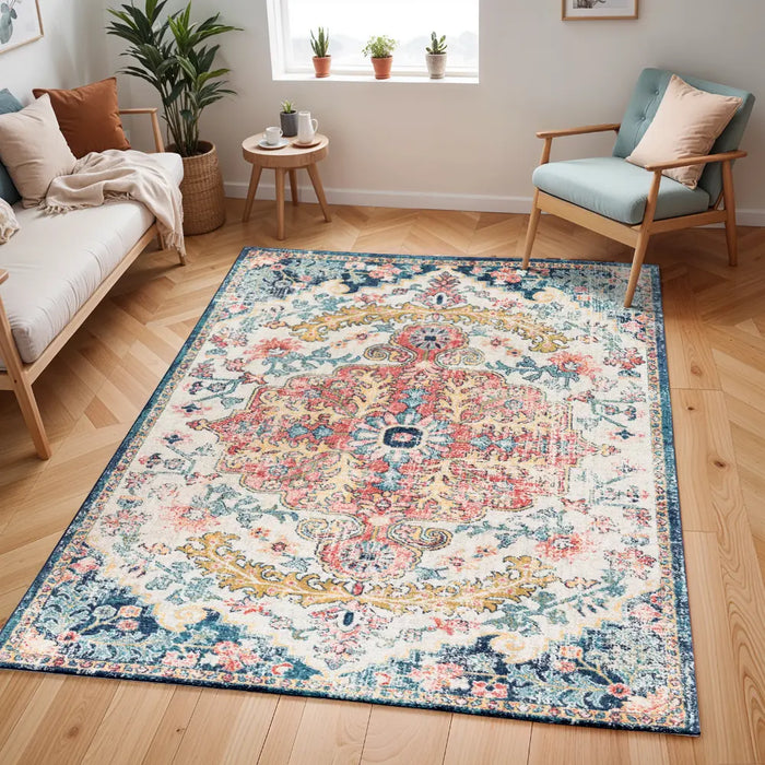 MAVERICK Vintage Traditional Oriental Boho Sky Blue/Garnet Rug