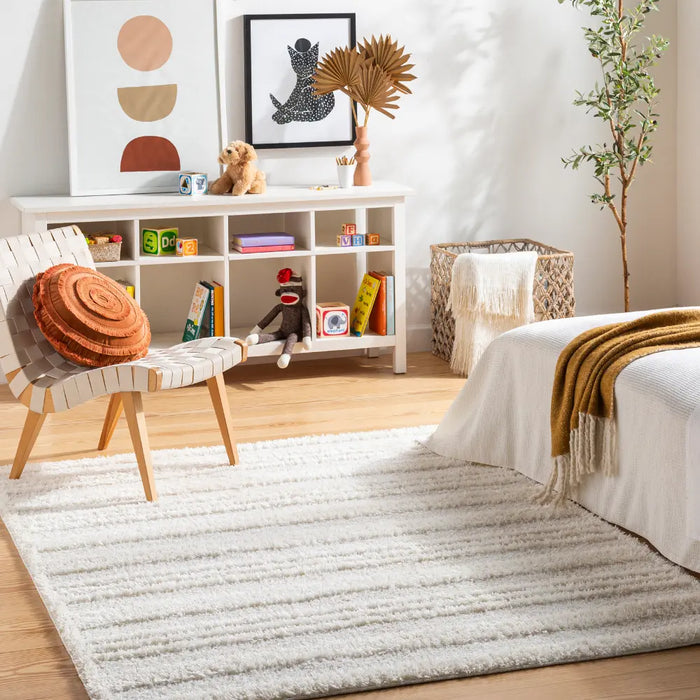 CHUMINI Shaggy Modern Plush Pile Cream Striped Rug