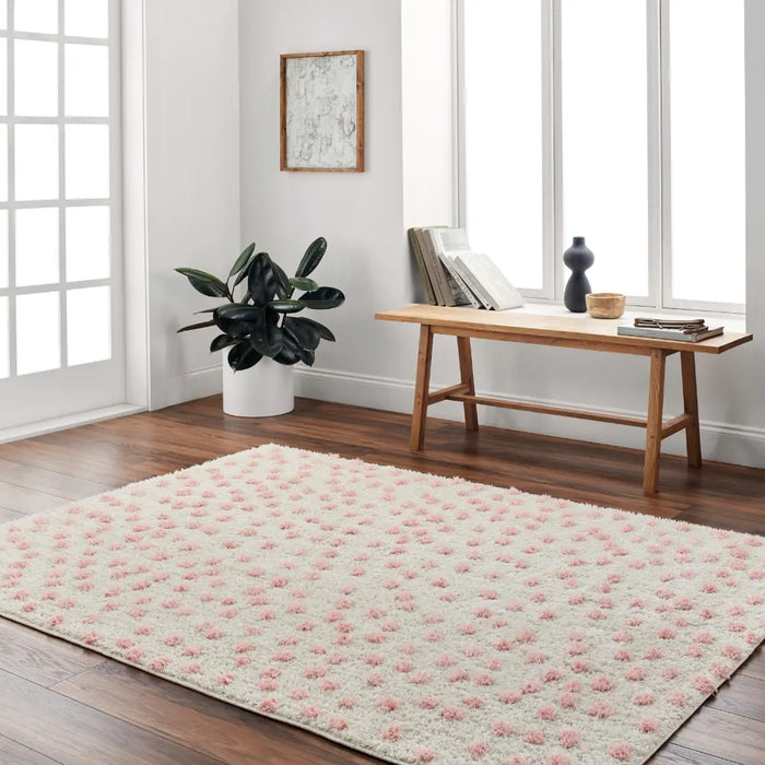 HEKUBA Shaggy Modern Plush Pile Beige/Light/Pink Polka Dot Rug