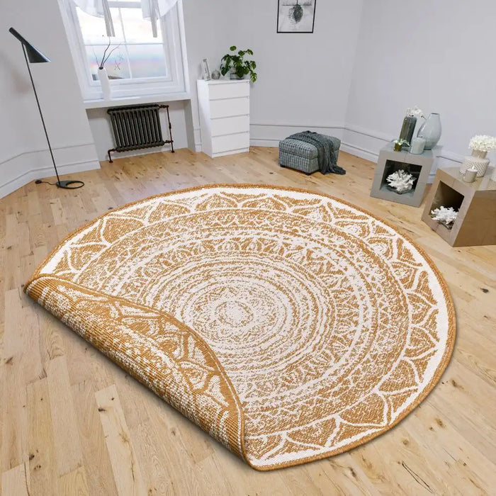 NorthRugs twin reversible circles indoor outdoor 105799 ochre Yellow, Ivory Living Room Rug.
