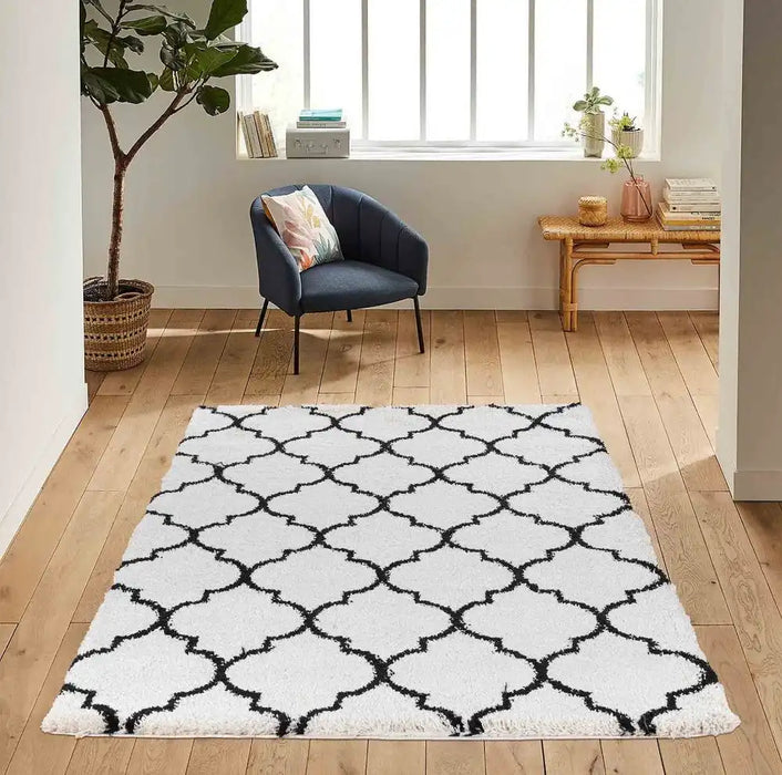 Serdim Rugs marrakesh 520 trellis stone Black, Ivory, Cream Living Room Geometric Rug.