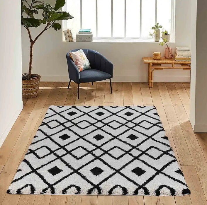 Serdim Rugs marrakesh 530 distorted checkered stone Black, Ivory, Cream Living Room Geometric Rug.