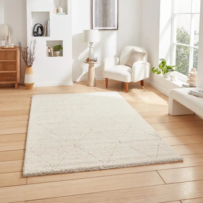 Think Rugs ideal shaggy 80260 cream Ivory Living Room Geometric Rug.