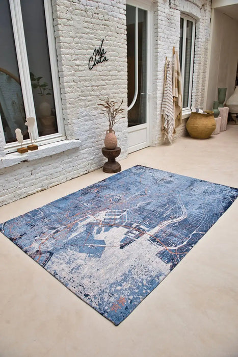 Louis de Poortere cities 9314 tokyo conductive blue Blue, Cream Living Room Rug.