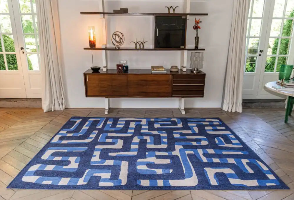 Louis de Poortere kuba 9336 kuba ultramarine Blue Living Room Geometric Rug.