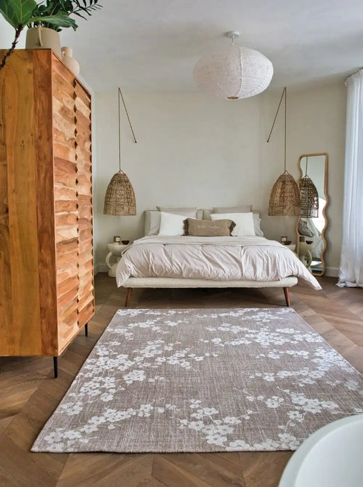 Louis de Poortere sakura 9373 sakura morning mist Beige Living Room Floral Rug.