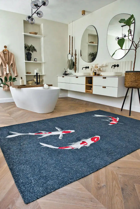 Louis de Poortere pop by louis 9390 koi japanese pond Blue, Multicoloured Living Room Flat Weave Rug.