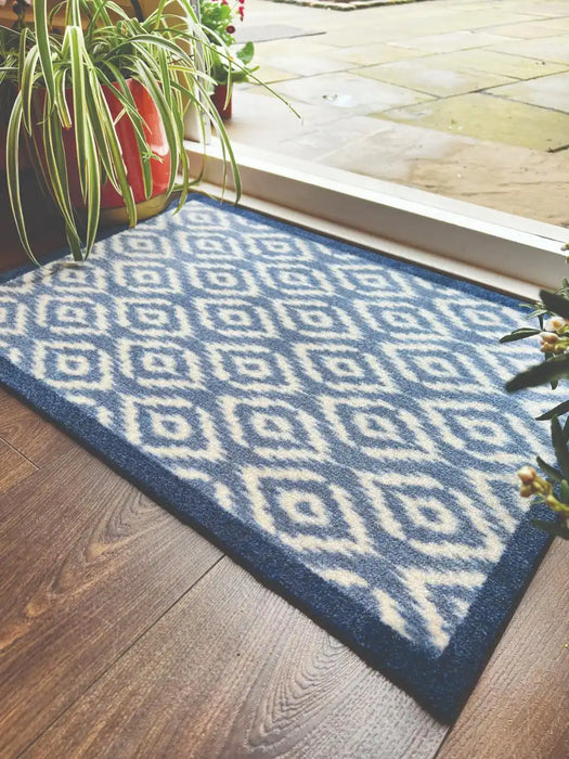 My Mats nylon indoor abstract geo Blue Kitchen  Washable Rug.