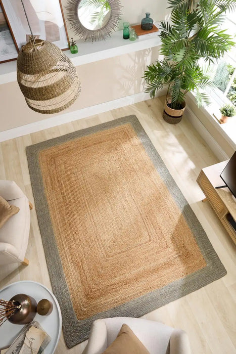 Origins origins jute border natural sage green Green, Beige Outdoor  Flat Weave Rug.