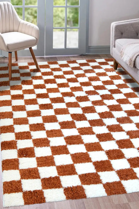 Homemaker snug melrose checks terracotta Orange Living Room Geometric Rug.