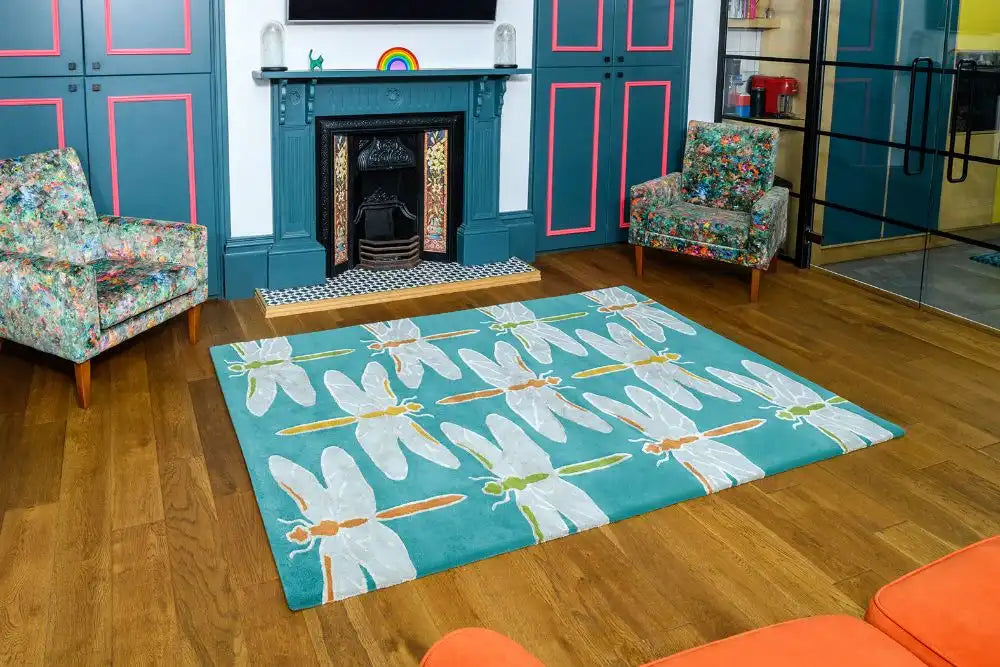 Woven Edge natural world dragon fly Blue, Ivory, Multicoloured Living Room Wool Rug.