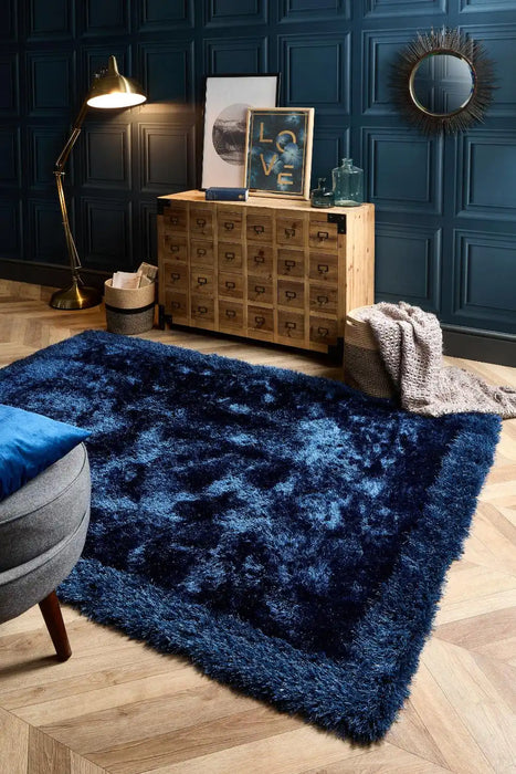 Origins shimmer border indigo Blue Living Room Shaggy Rug.
