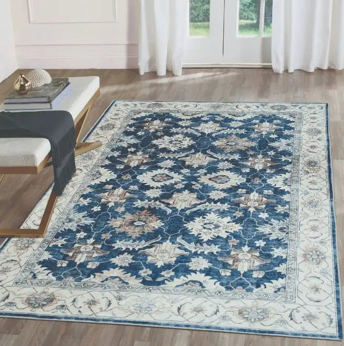 Likewise Matting silk road washable jurdar Blue Living Room Washable Rug.