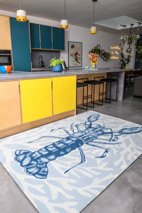 Woven Edge natural world lobster Blue, Grey Living Room Wool Rug.