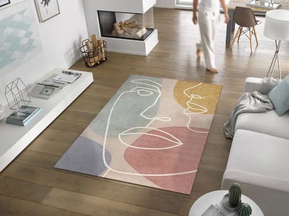 Wash + Dry decor modern faces Multicoloured Living Room Washable Rug.