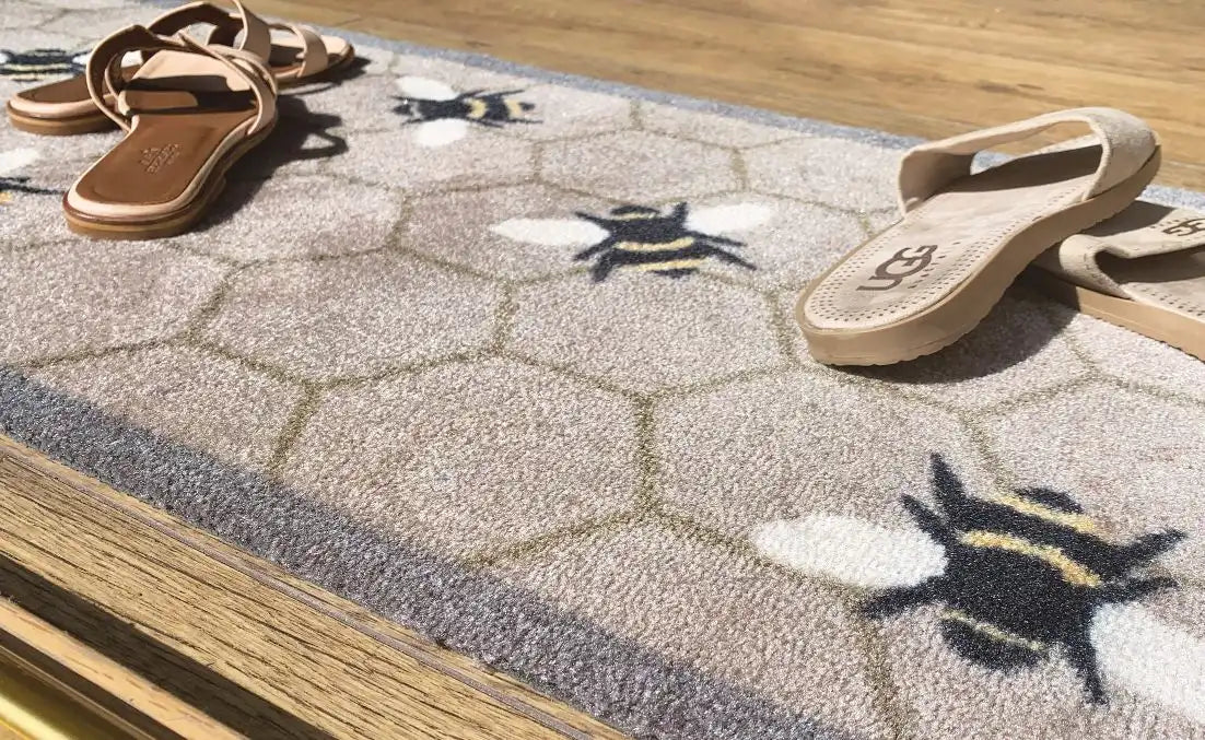 My Mats nylon indoor pattern my bee Grey, Yellow, Multicoloured Kitchen  Washable Rug.