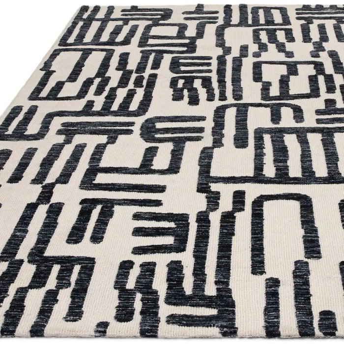 Asiatic mason script Blue, Ivory Living Room Geometric Rug.