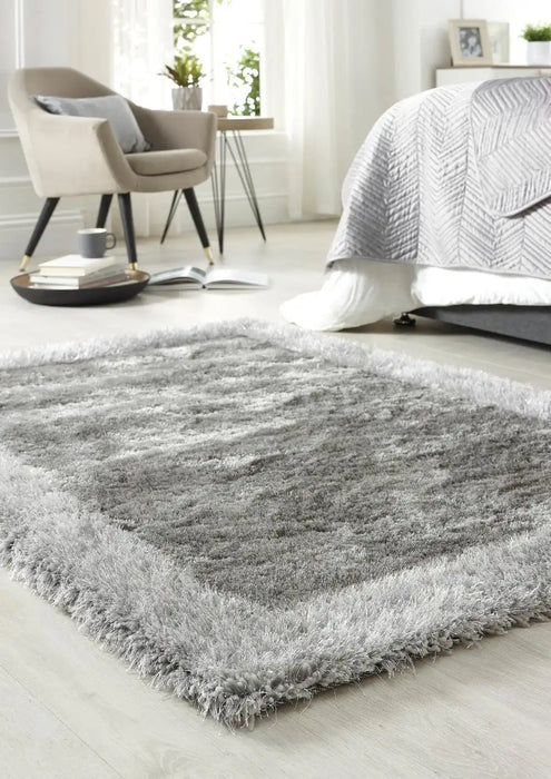 Origins shimmer silver border Grey Living Room Shaggy Rug.