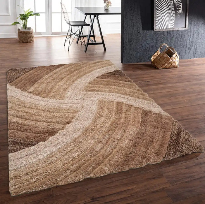 Rug Style 3d ultimate shaggy stella brown Brown, Beige Living Room Geometric Rug.