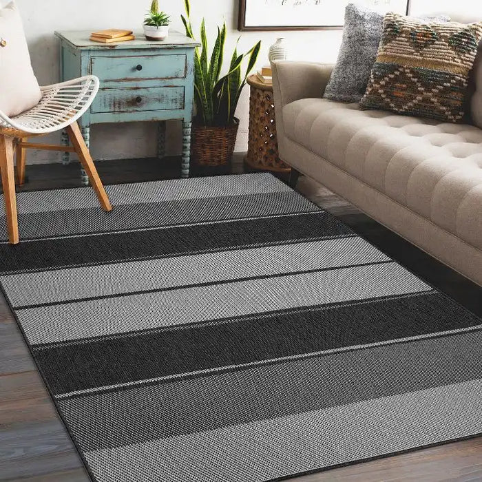 Likewise Matting duo weave indoor outdoor tonal stripes charcoal Grey Outdoor Flat Weave Rug.