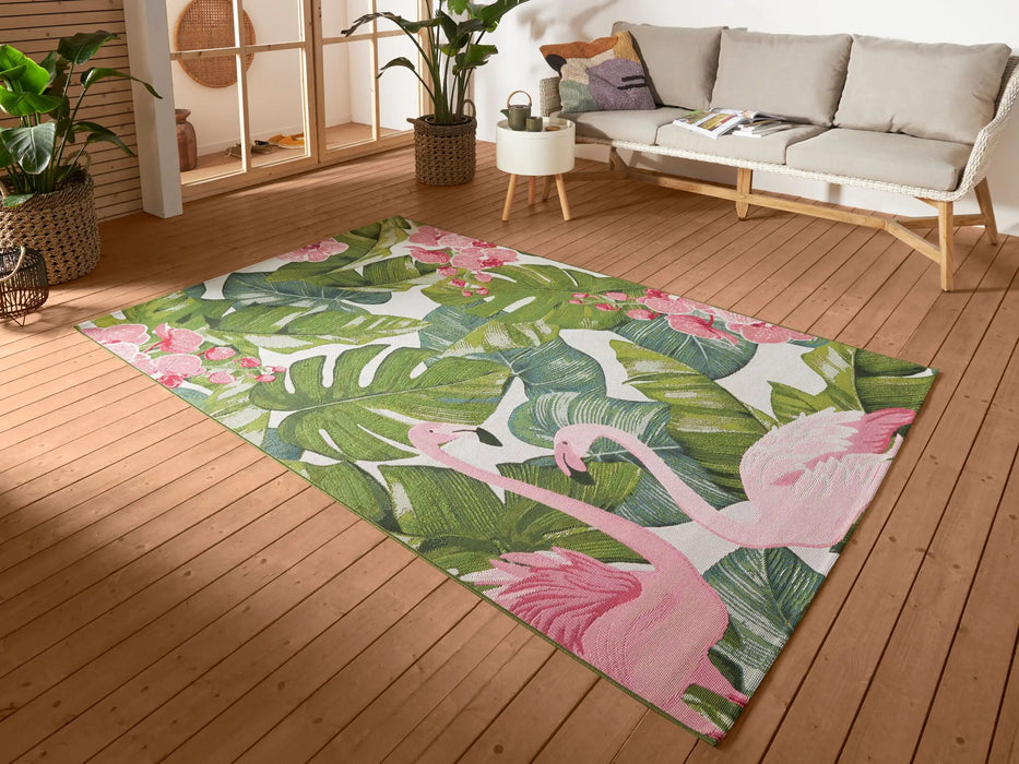 Hanse Home flair tropical flamingo Green, Multicoloured Living Room Floral Rug.