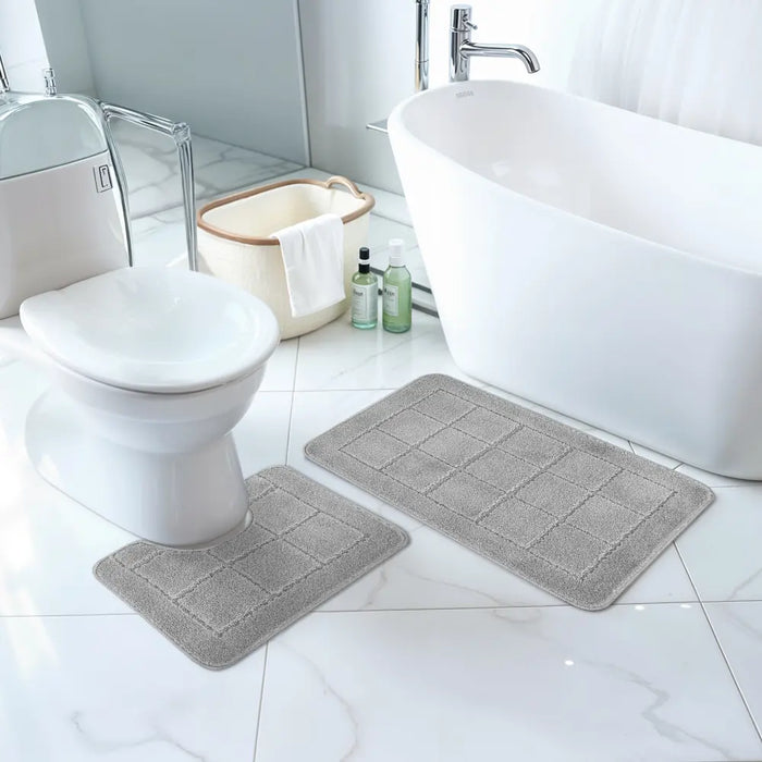 NOELLE Piece Machine Washable Non-Slip Grey Bathroom Rug Set Grey