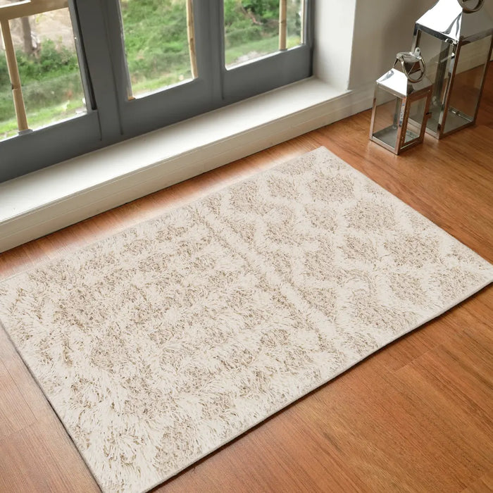 NOUR Shaggy Geometric Plush Pile Cream Beige Rug