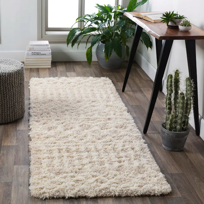 NOUR Shaggy Geometric Plush Pile Cream Beige Rug