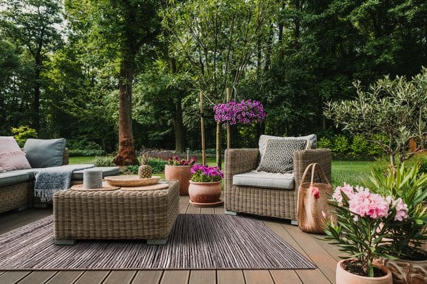 large outdoor rug on a garden patio