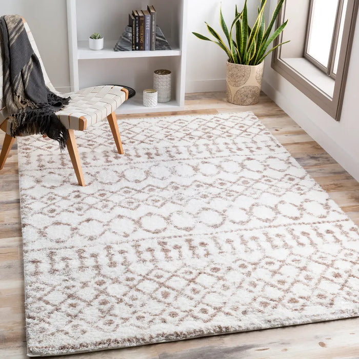 Saanjh Shaggy Geometric Plush Pile Beige Area ALH2303