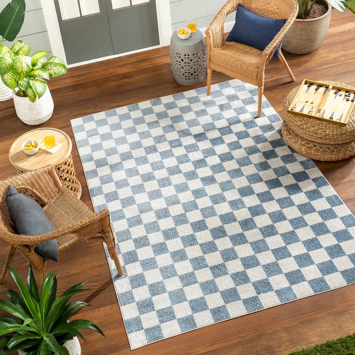 Kush LillianWashable Blue Ivory Checkered Living Dining Rug LLL2337