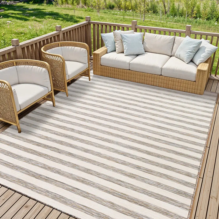 Pasadena Cottage Brown Grey Ivory Striped In & Outdoor Rug PSA2381