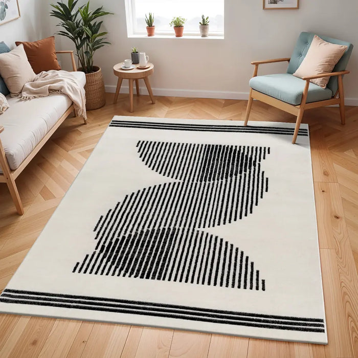 Pisa Modern Black OffWhite Grey Graphic Living Dining Bedroom Rug PSS2364